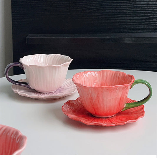 Flower-Shaped Ceramic Cup, High-Value Ins-Style Tableware for Coffee/Tea & Dessert