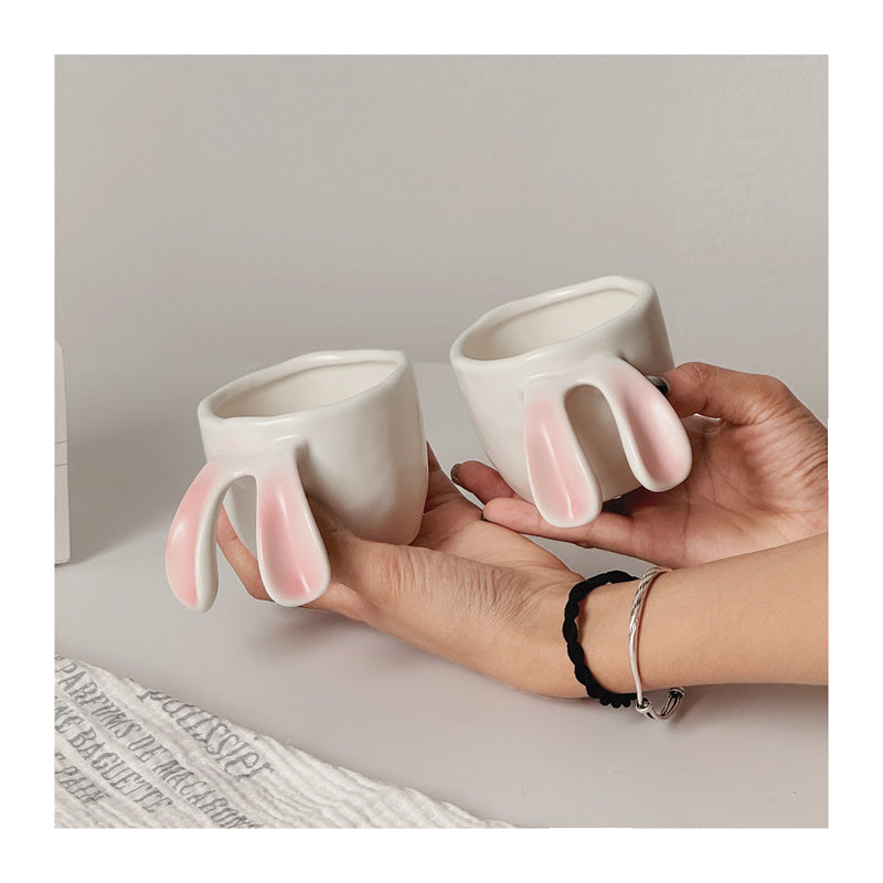 Bunny Ear Ceramic Mug,  Minimalist Cute Coffee Cup with Pink Ear Details, Premium Gift for Women