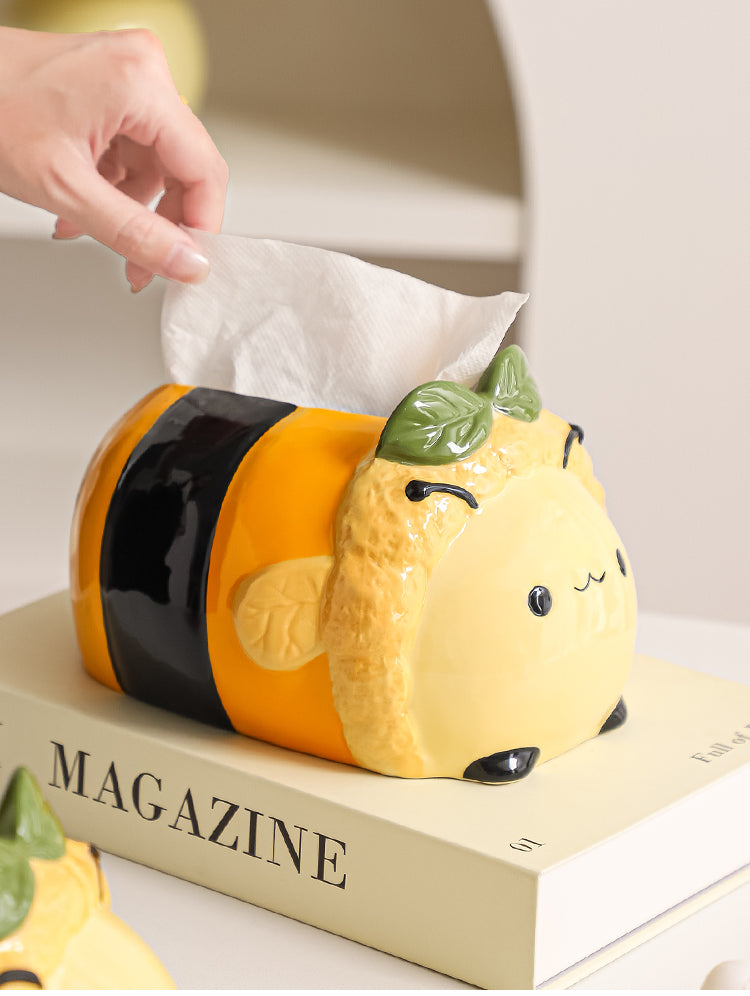 Chubby Bee Ceramic Tissue Box, Cute Striped Bee Desktop Tissue Holder
