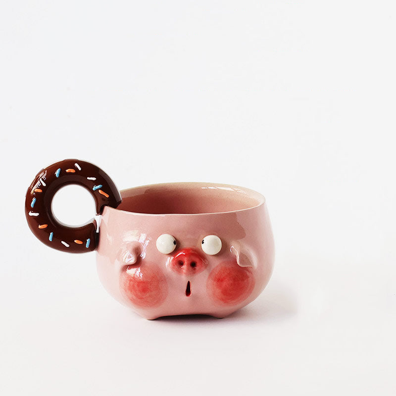 Cute Pink Pig Ceramic Mug with Donut Handle, Hand‑Sculpted Kawaii Coffee Tea Cup, Unique Novelty Gift