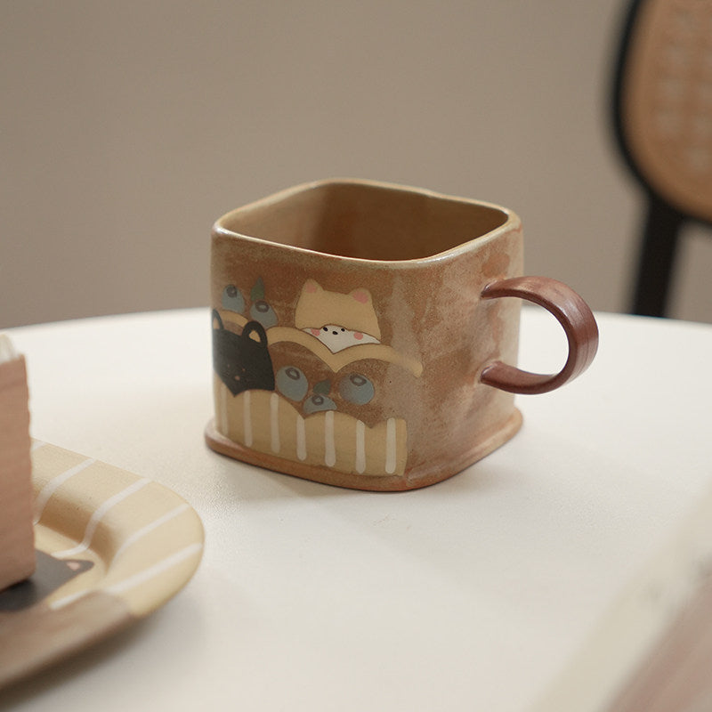 Hand-Painted Square Ceramic Mug with Cute Animal  - Artisanal Coffee & Tea Cup