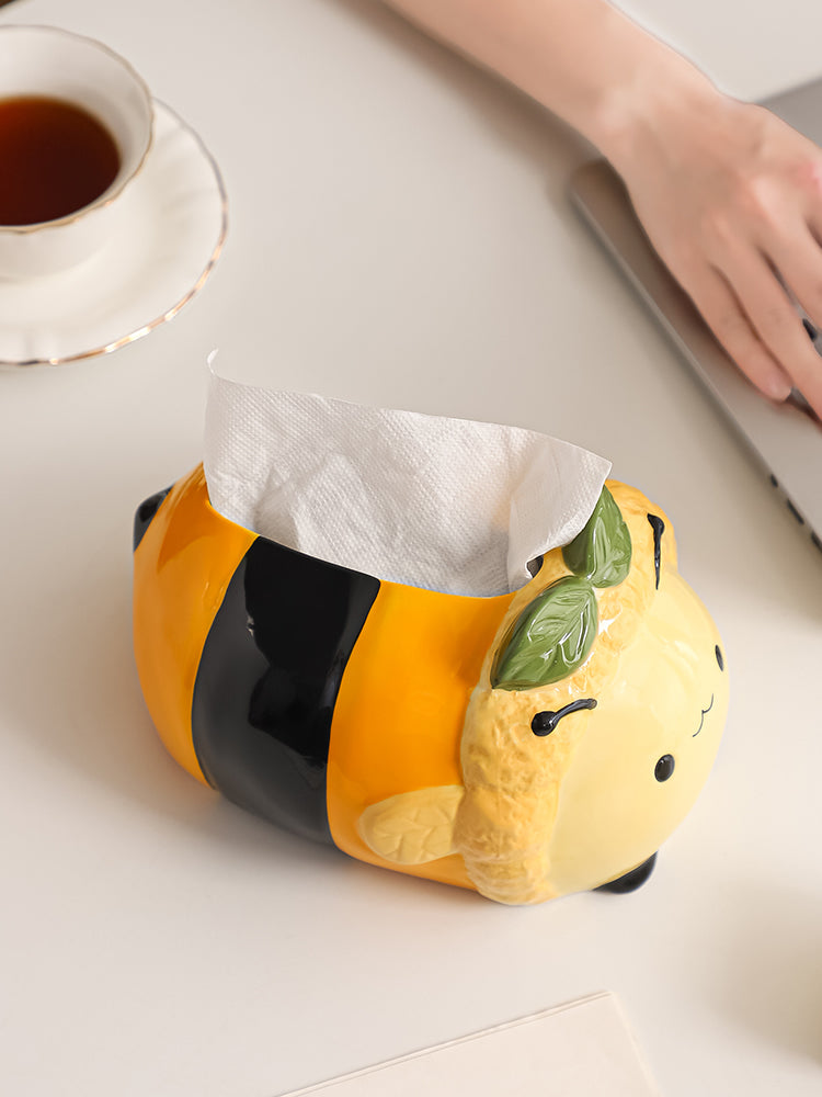 Chubby Bee Ceramic Tissue Box, Cute Striped Bee Desktop Tissue Holder