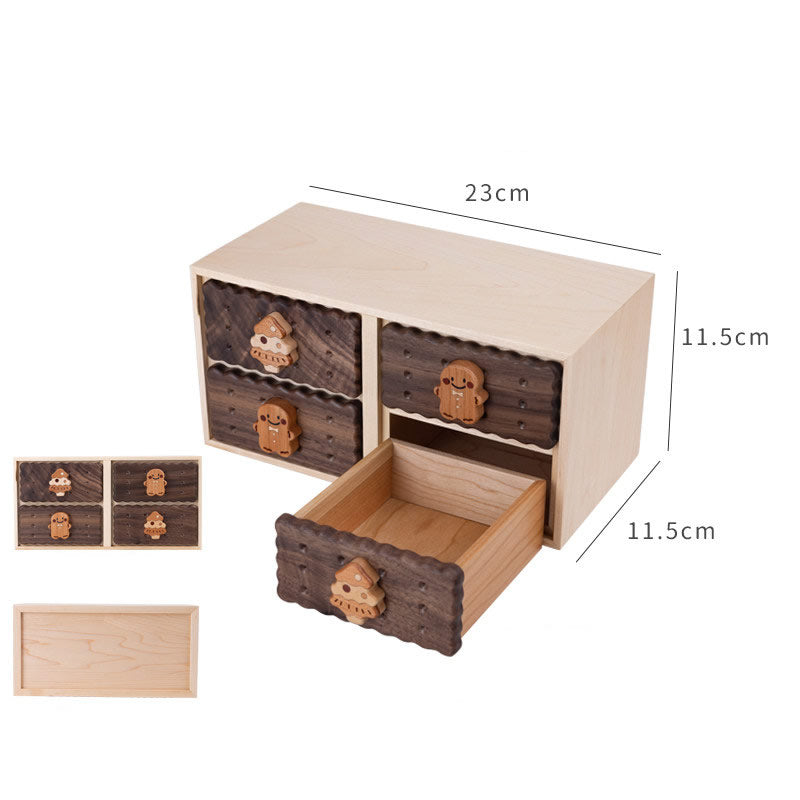 Cute Cookie Walnut Wood Mini Drawer Cabinet - Desktop Organizer for Jewelry & Small Items