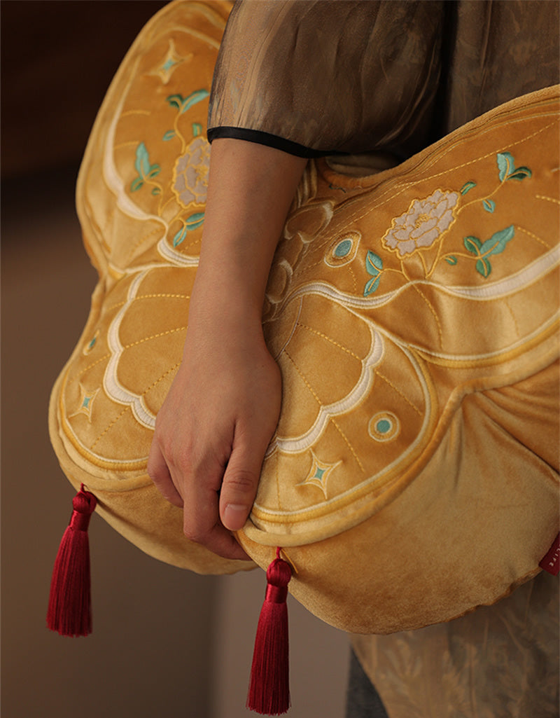 Butterfly Embroidered Throw Pillow, Red & Gold Decorative Cushion with Tassels