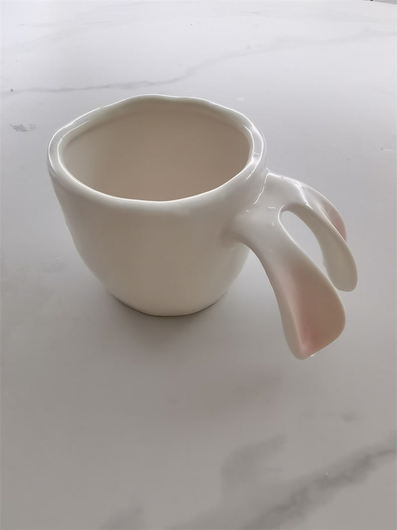 Bunny Ear Ceramic Mug,  Minimalist Cute Coffee Cup with Pink Ear Details, Premium Gift for Women