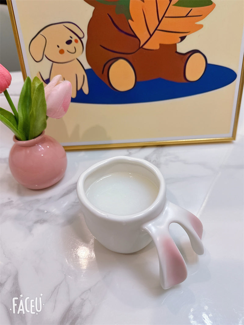 Bunny Ear Ceramic Mug,  Minimalist Cute Coffee Cup with Pink Ear Details, Premium Gift for Women