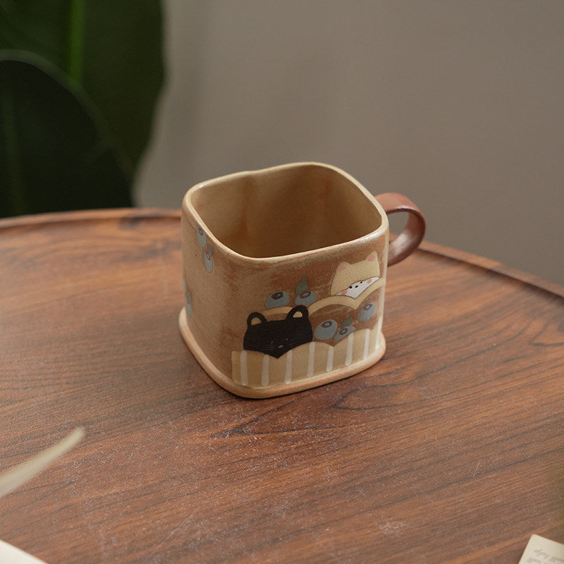 Hand-Painted Square Ceramic Mug with Cute Animal  - Artisanal Coffee & Tea Cup