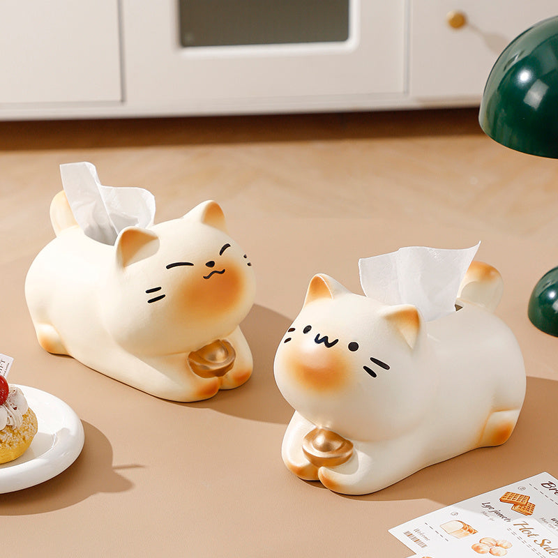 Chubby Lucky Cat Tissue Box, Cute Plump Cat  Desktop Tissue Holder Decor
