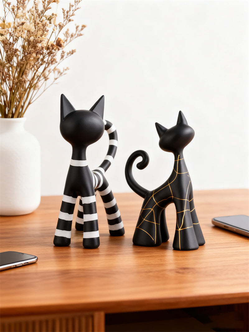 Abstract Art Black Cat Decorative Figurines -  Funny Ornaments for Home Shelves, Desks & Display Cabinets
