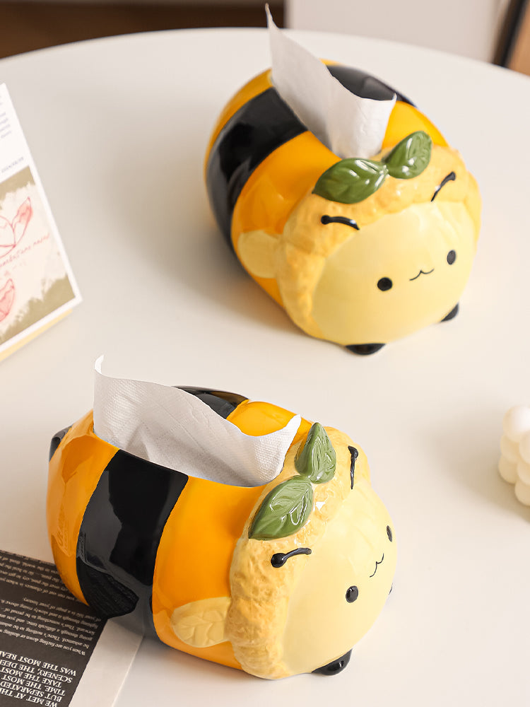 Chubby Bee Ceramic Tissue Box, Cute Striped Bee Desktop Tissue Holder