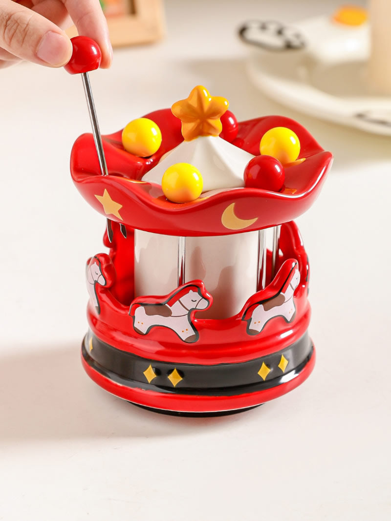 Carousel Ceramic Toothpick Holder with Fruit Forks - Festive Red Desktop Organizer for Kitchen & Dining