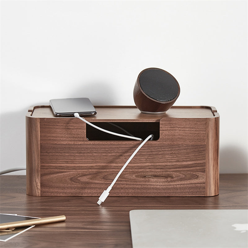 Black Walnut Wood Cable Management Box, Desktop Wire Organizer with Lid for Socket & Cord Storage