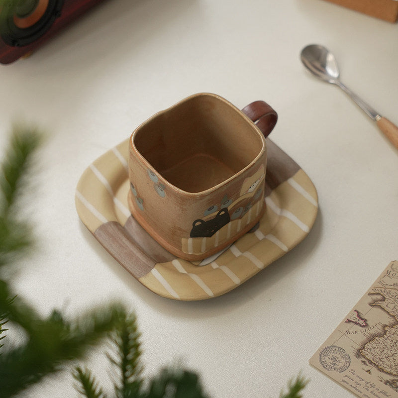 Hand-Painted Square Ceramic Mug with Cute Animal  - Artisanal Coffee & Tea Cup