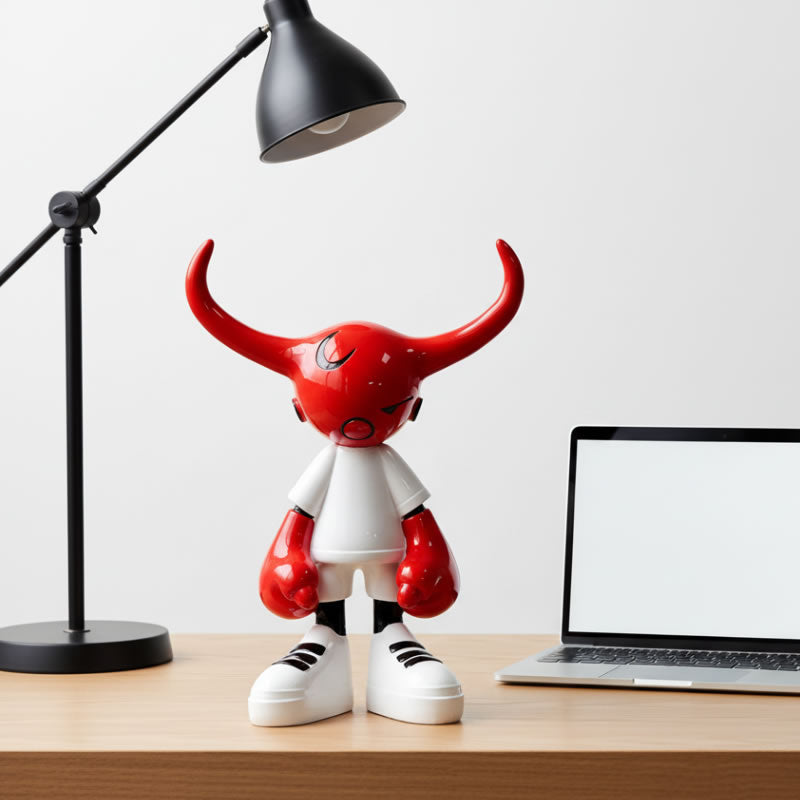 Red and white robot figurine with boxing gloves on a desk next to a laptop and lamp.