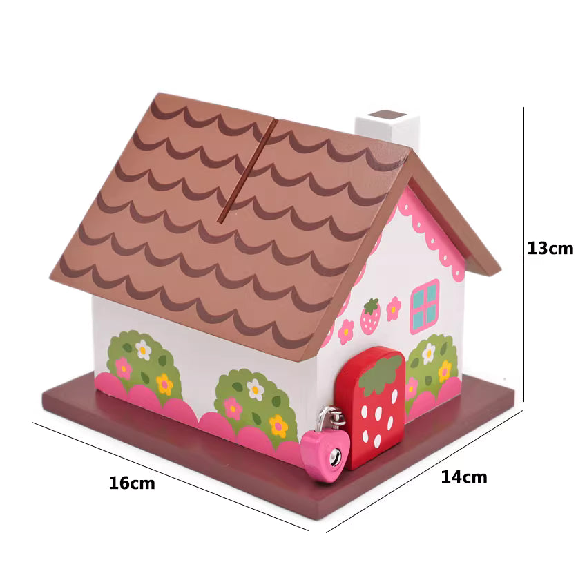 Cute Strawberry House Piggy Bank with Lock - Kids Safe Savings Box Coin Bank Gift