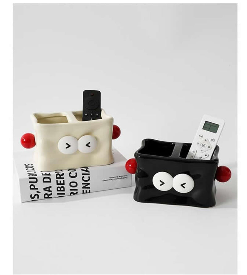 Whimsical Robot - Shaped Ceramic Remote Control Holder, Dual - Compartment Organizer for Home