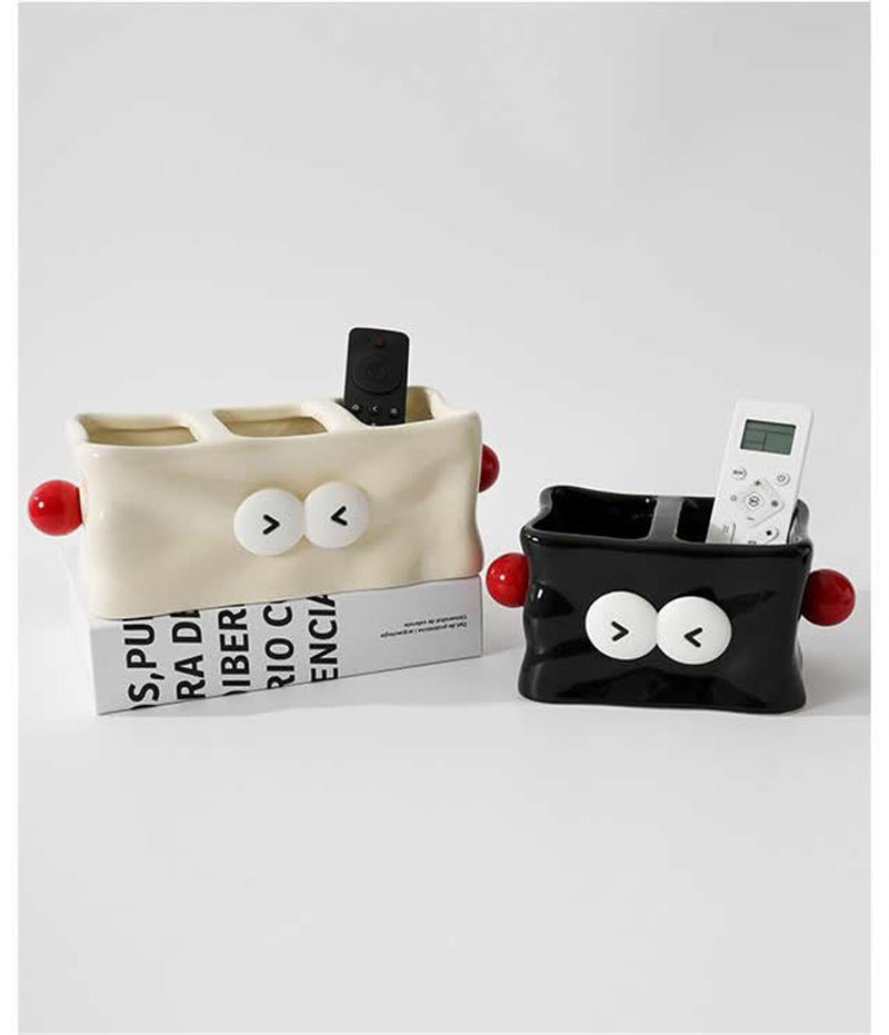Whimsical Robot - Shaped Ceramic Remote Control Holder, Dual - Compartment Organizer for Home
