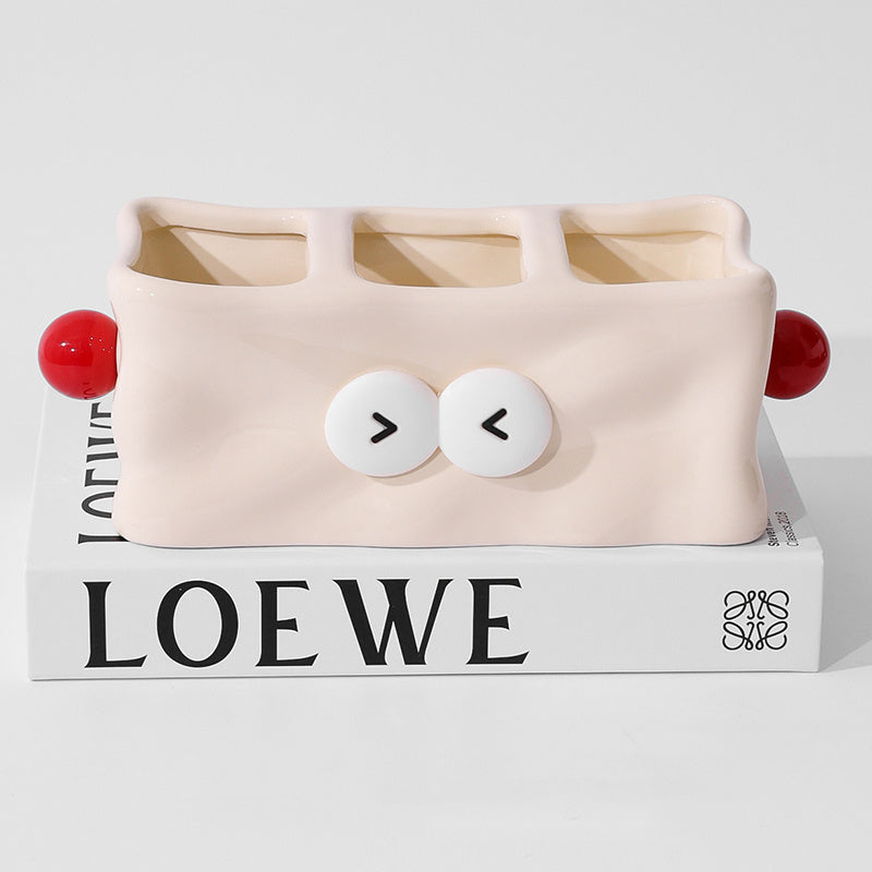 Whimsical Robot - Shaped Ceramic Remote Control Holder, Dual - Compartment Organizer for Home