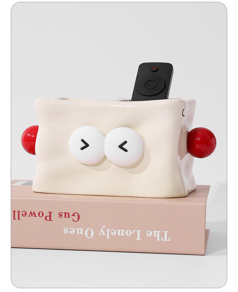 Whimsical Robot - Shaped Ceramic Remote Control Holder, Dual - Compartment Organizer for Home