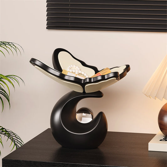Abstract Art Butterfly Catchall Tray , Two-Tone Black Cream Curved Storage Dish for Jewelry Keys Coins Cosmetics, Luxury Novelty Gift for Women & Home Decor Lovers