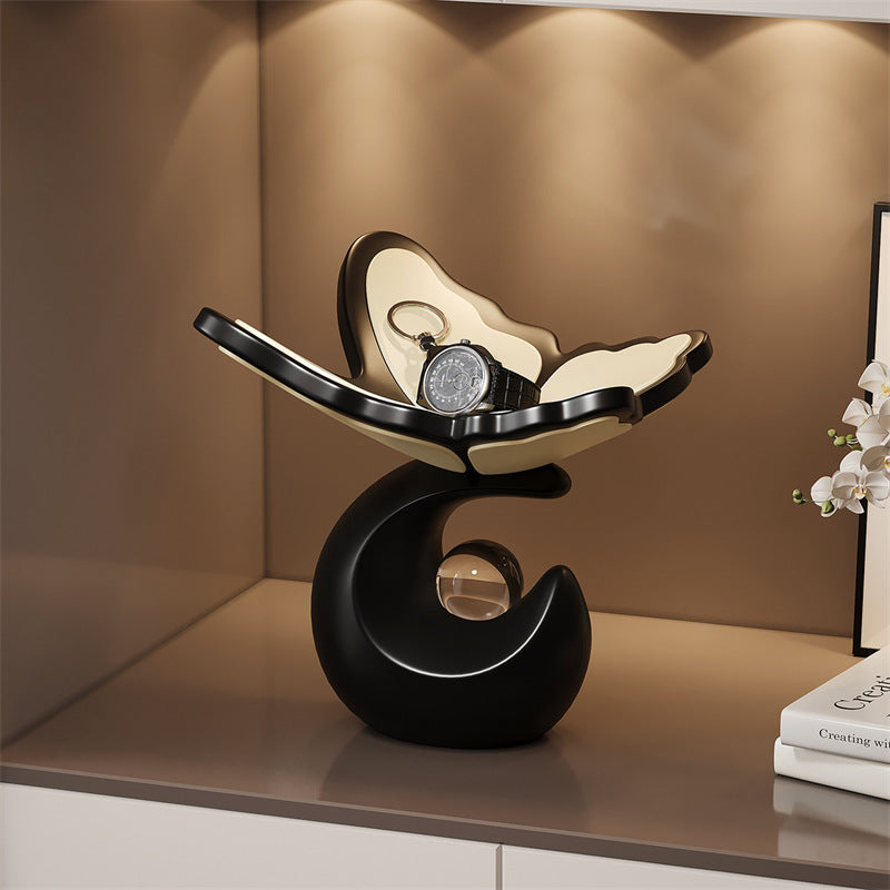 Abstract Art Butterfly Catchall Tray , Two-Tone Black Cream Curved Storage Dish for Jewelry Keys Coins Cosmetics, Luxury Novelty Gift for Women & Home Decor Lovers