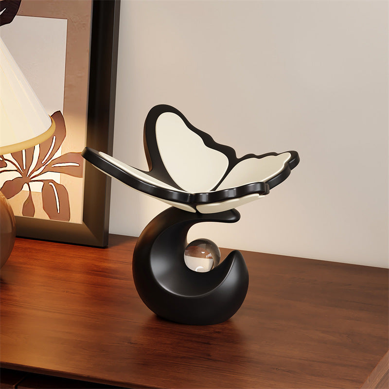 Abstract Art Butterfly Catchall Tray , Two-Tone Black Cream Curved Storage Dish for Jewelry Keys Coins Cosmetics, Luxury Novelty Gift for Women & Home Decor Lovers