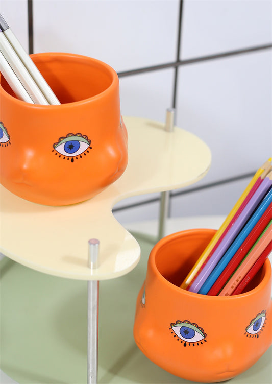 Abstract Art Cat Face Orange Pen Holder - Office Desk Organizer
