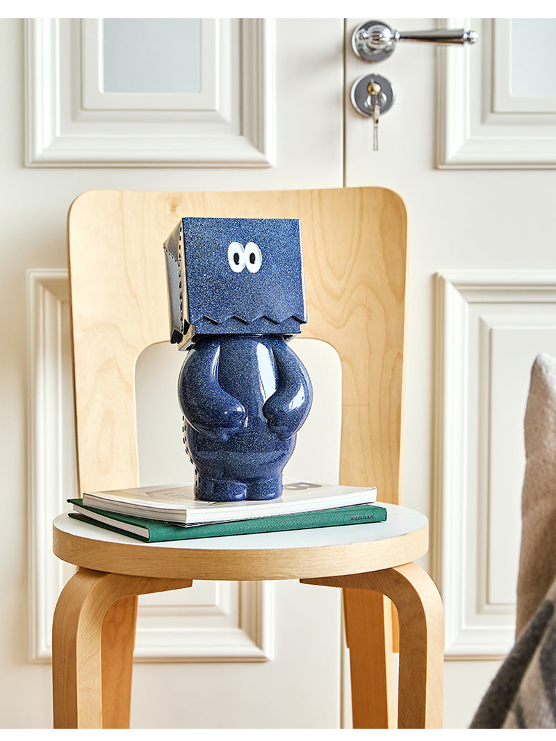 Abstract Art Figurine - Deep Blue Cube Head Decor Sculpture for Home & Office