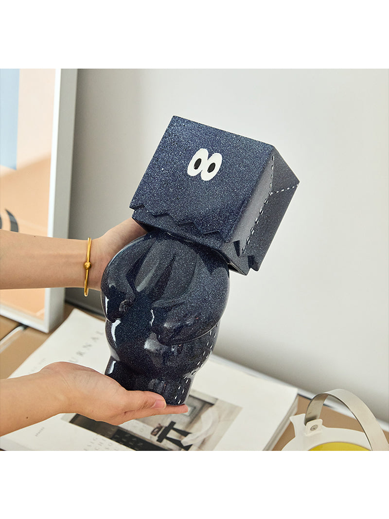 Abstract Art Figurine - Deep Blue Cube Head Decor Sculpture for Home & Office