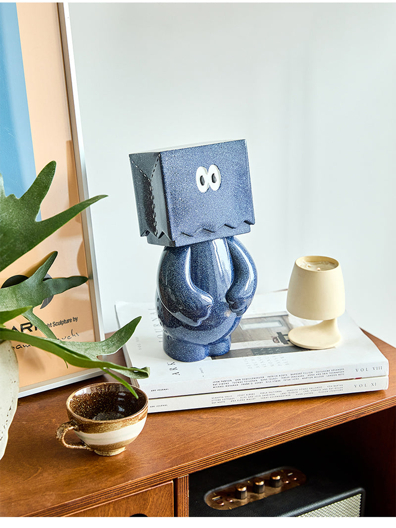 Abstract Art Figurine - Deep Blue Cube Head Decor Sculpture for Home & Office