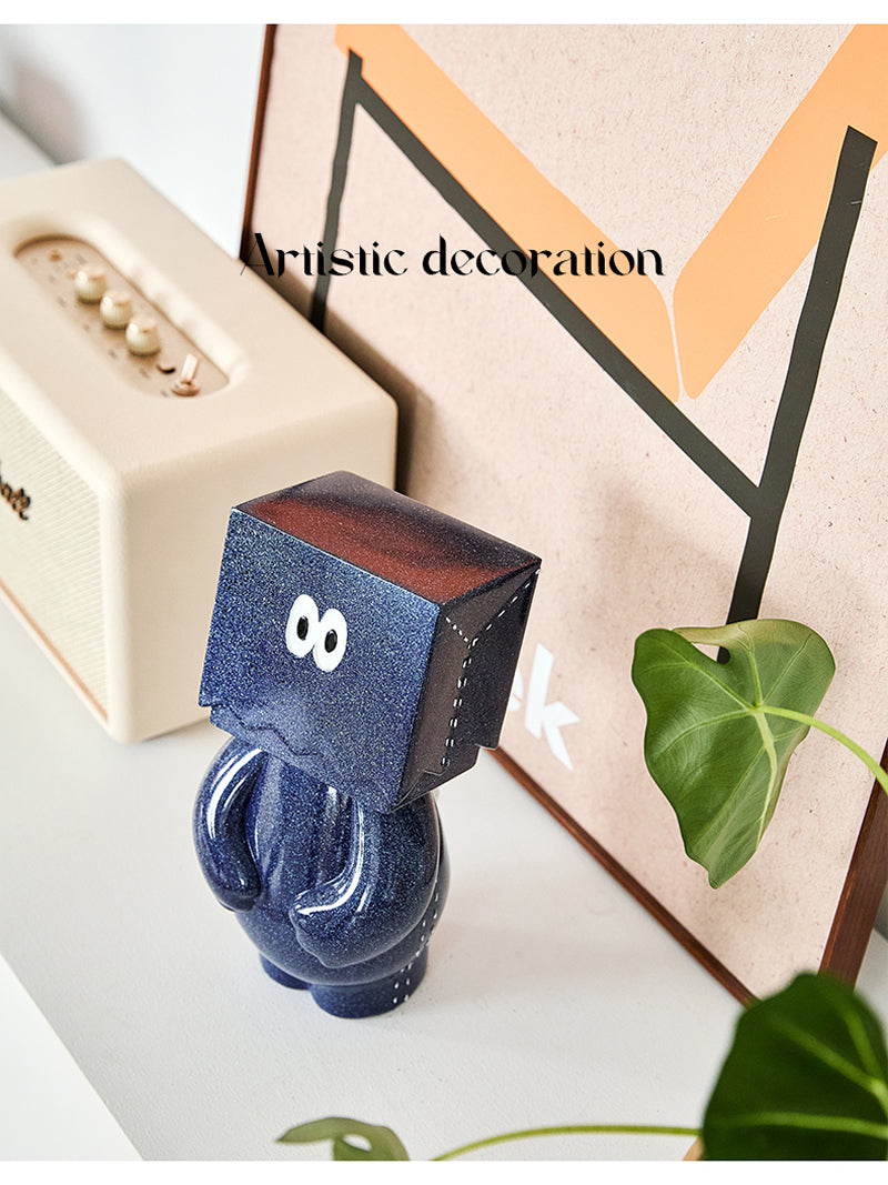 Abstract Art Figurine - Deep Blue Cube Head Decor Sculpture for Home & Office