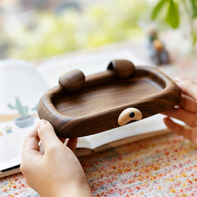 Abstract Dog Solid Walnut Wood Catchall Tray, Small Trinket Storage Dish for Rings Earrings Keys Coins, Unique Sentimental Gift for Women & Minimalist Home Lovers ﻿