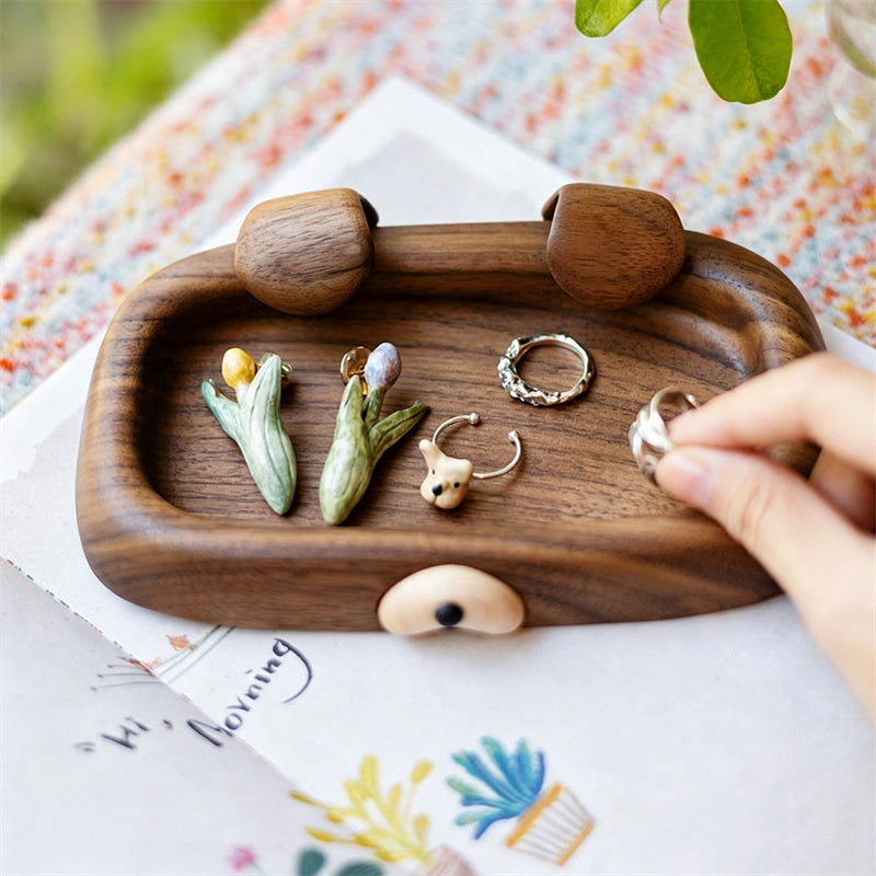 Abstract Dog Solid Walnut Wood Catchall Tray, Small Trinket Storage Dish for Rings Earrings Keys Coins, Unique Sentimental Gift for Women & Minimalist Home Lovers ﻿