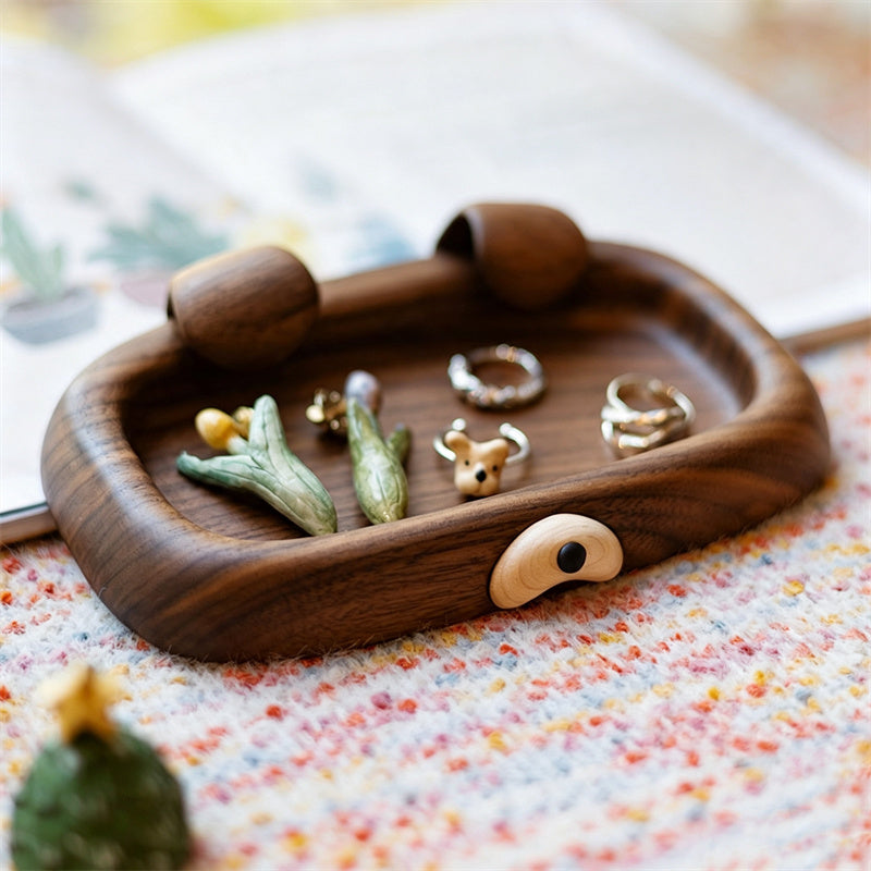 Abstract Dog Solid Walnut Wood Catchall Tray, Small Trinket Storage Dish for Rings Earrings Keys Coins, Unique Sentimental Gift for Women & Minimalist Home Lovers ﻿