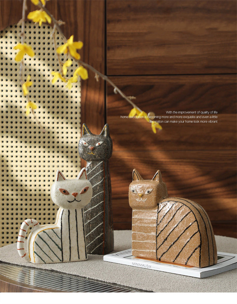 Abstract Hand-Painted Ceramic Cat Figurines - Modern Cat Statues for Home & Office Decor