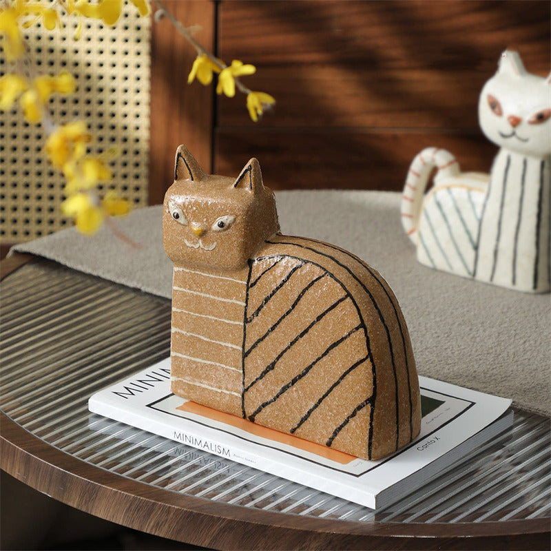 Abstract Hand-Painted Ceramic Cat Figurines - Modern Cat Statues for Home & Office Decor