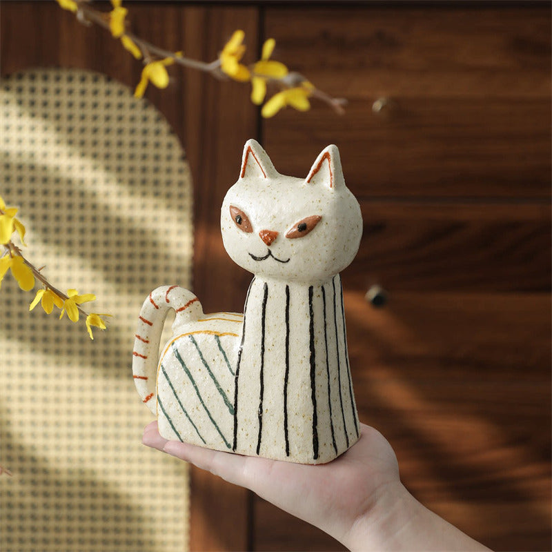 Abstract Hand-Painted Ceramic Cat Figurines - Modern Cat Statues for Home & Office Decor