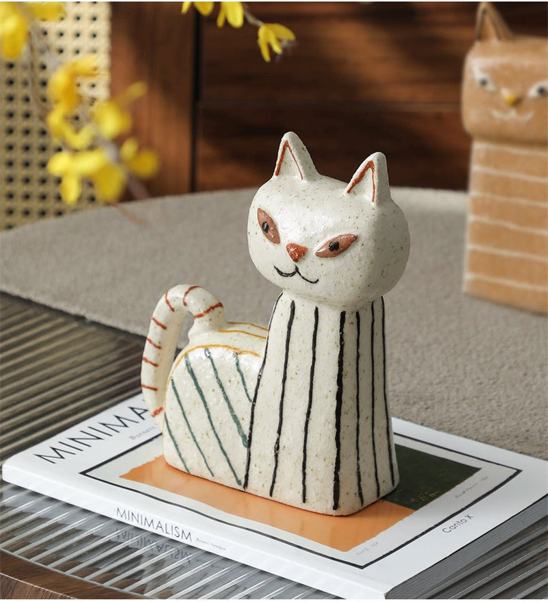 Abstract Hand-Painted Ceramic Cat Figurines - Modern Cat Statues for Home & Office Decor