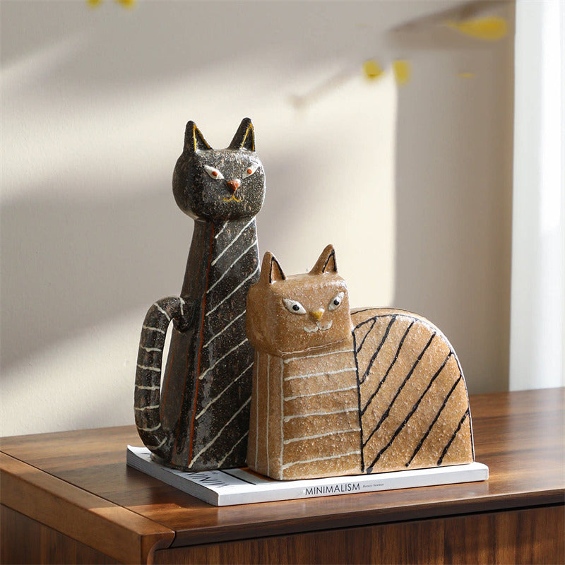 Abstract Hand-Painted Ceramic Cat Figurines - Modern Cat Statues for Home & Office Decor