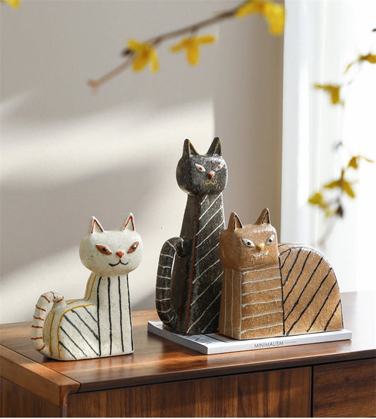 Abstract Hand-Painted Ceramic Cat Figurines - Modern Cat Statues for Home & Office Decor