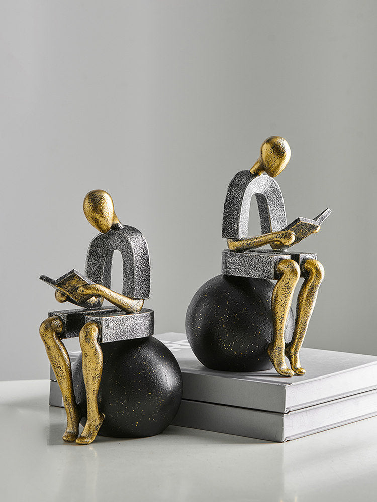 Abstract Reader Figure Bookends – Modern Minimalist Resin Decorative Sculpture Set – Intellectual Home Office Shelf Decor & Book Organizer