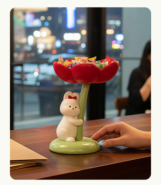 Adorable Bunny & Tulip Key Storage Bowl – Whimsical Trinket Tray & Jewelry Organizer – Decorative Entryway Sculpture for Keys, Candy, and Accessories