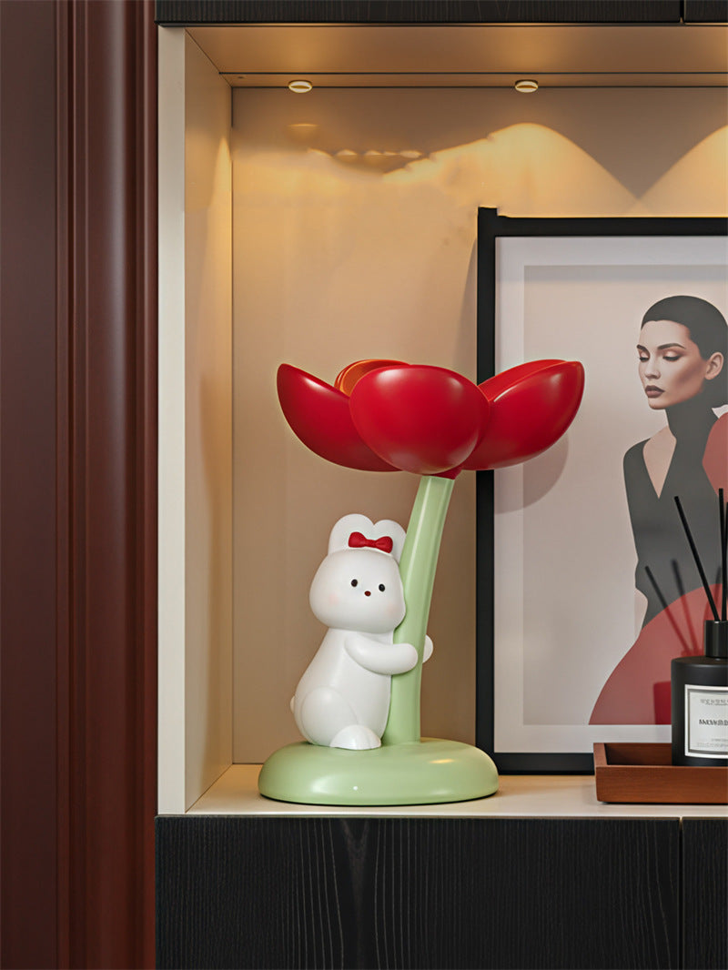 Adorable Bunny & Tulip Key Storage Bowl – Whimsical Trinket Tray & Jewelry Organizer – Decorative Entryway Sculpture for Keys, Candy, and Accessories