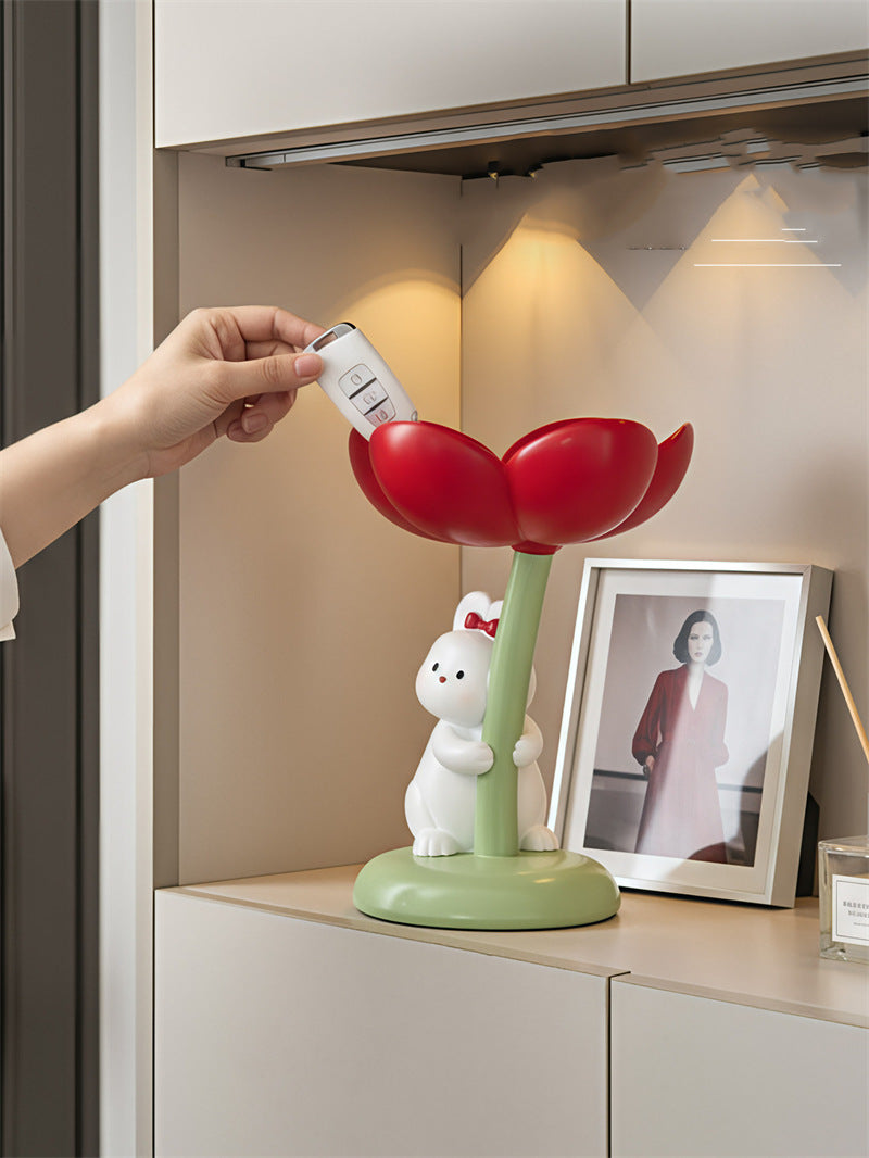 Adorable Bunny & Tulip Key Storage Bowl – Whimsical Trinket Tray & Jewelry Organizer – Decorative Entryway Sculpture for Keys, Candy, and Accessories