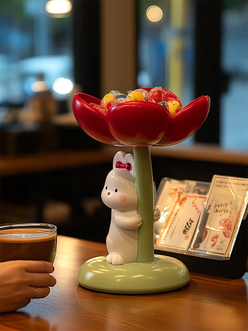 Adorable Bunny & Tulip Key Storage Bowl – Whimsical Trinket Tray & Jewelry Organizer – Decorative Entryway Sculpture for Keys, Candy, and Accessories