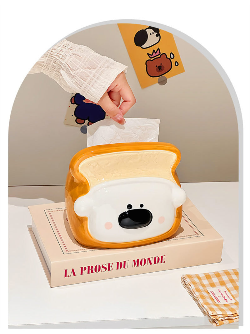 Adorable Toast Wrapped White Bear Glossy Ceramic Tissue Holder,Sweet Cottagecore Decor, Lovely Housewarming Gift For Girls.