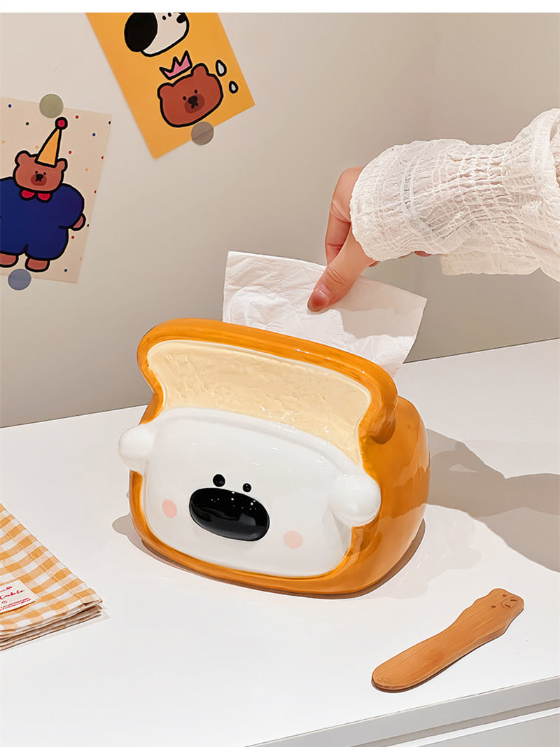 Adorable Toast Wrapped White Bear Glossy Ceramic Tissue Holder,Sweet Cottagecore Decor, Lovely Housewarming Gift For Girls.