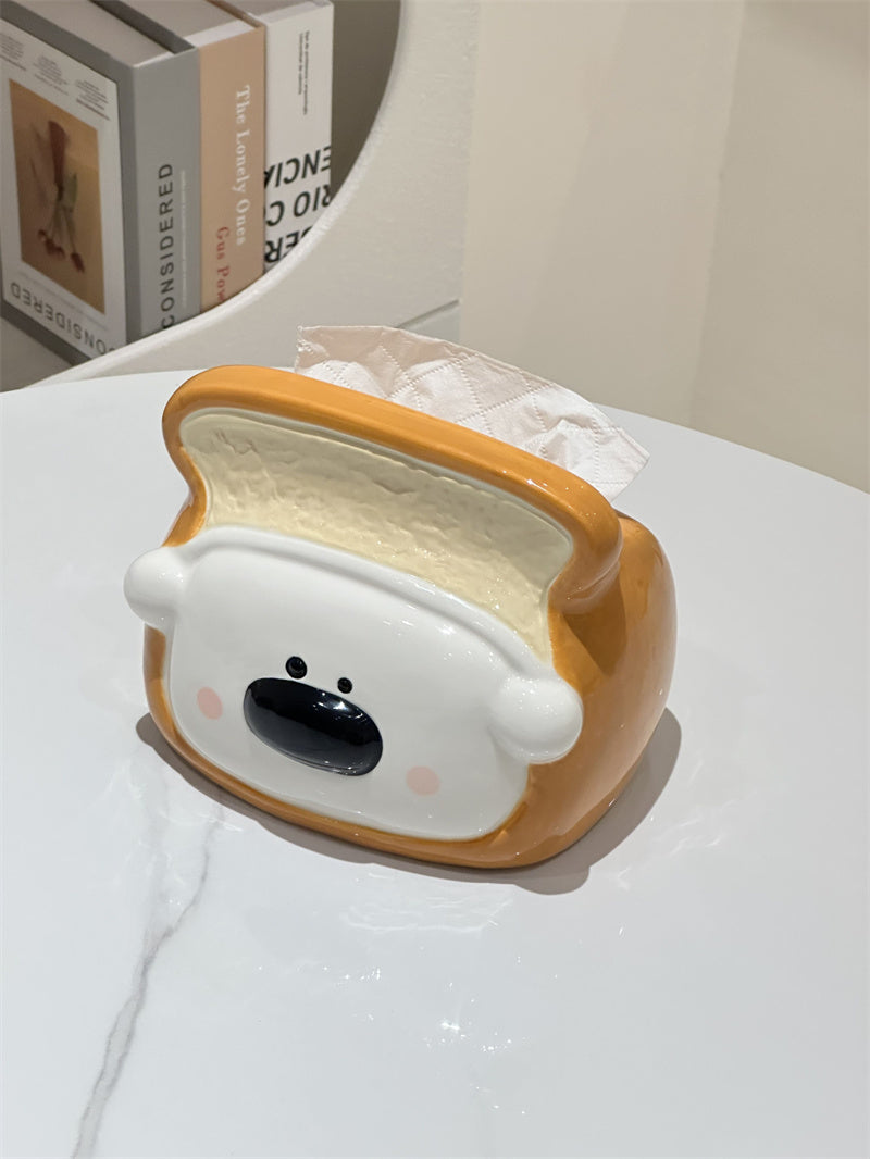 Adorable Toast Wrapped White Bear Glossy Ceramic Tissue Holder,Sweet Cottagecore Decor, Lovely Housewarming Gift For Girls.