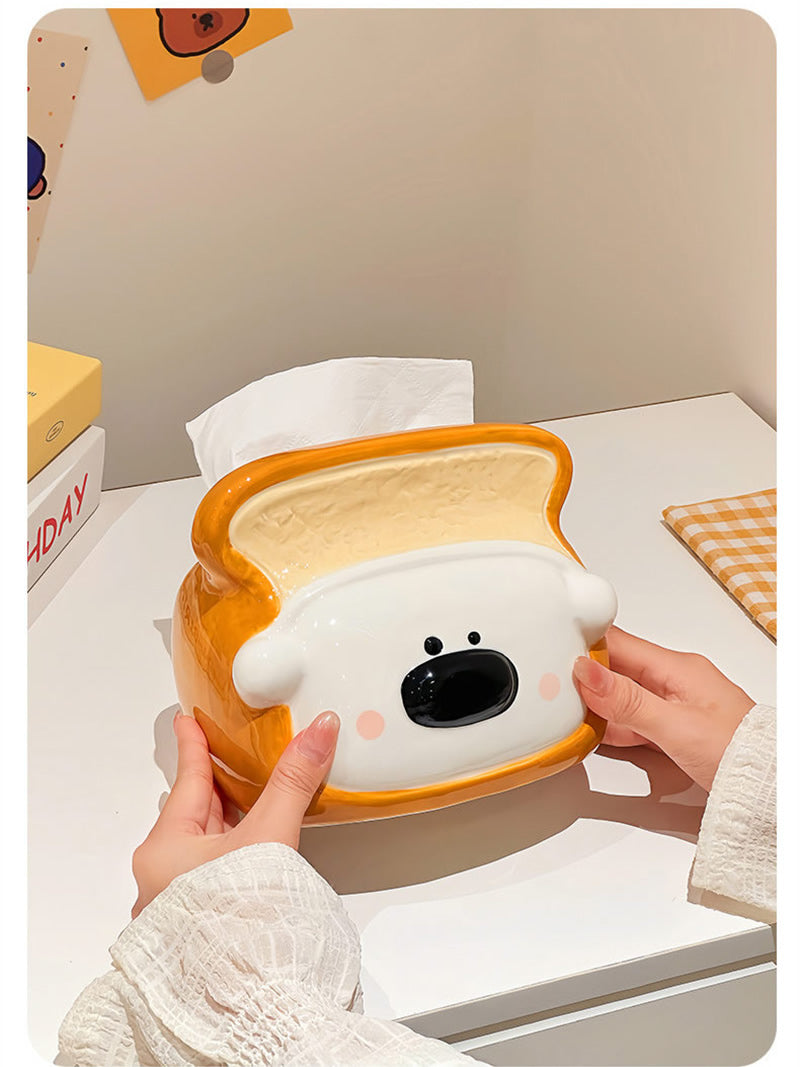Adorable Toast Wrapped White Bear Glossy Ceramic Tissue Holder,Sweet Cottagecore Decor, Lovely Housewarming Gift For Girls.