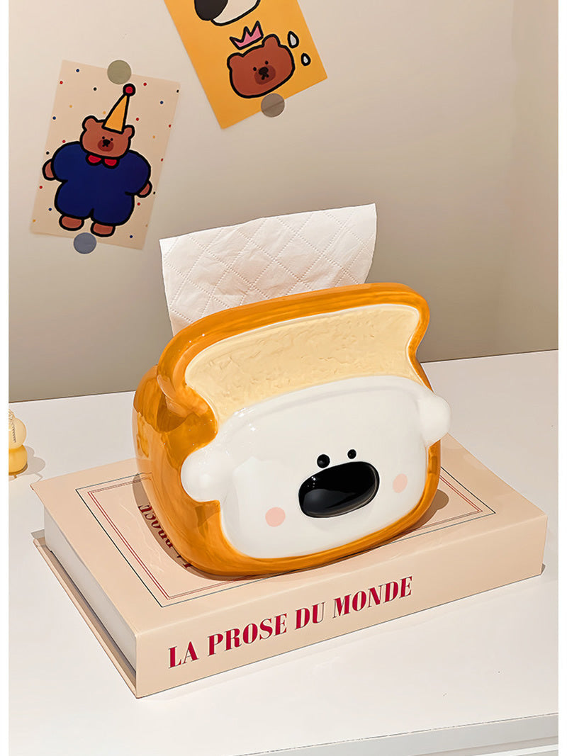 Adorable Toast Wrapped White Bear Glossy Ceramic Tissue Holder,Sweet Cottagecore Decor, Lovely Housewarming Gift For Girls.